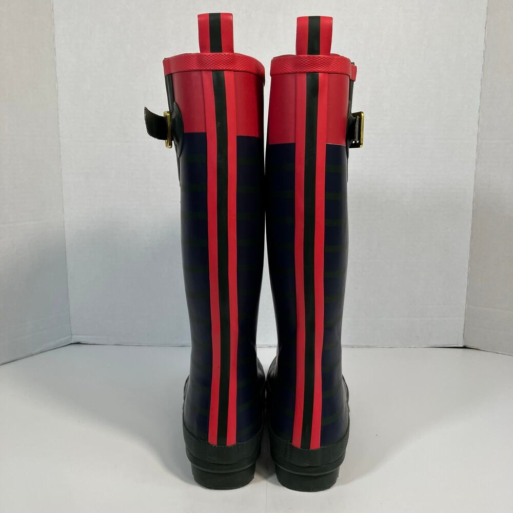 Joules Sz 7 Tall Welly Print Rain Boots Navy & Green Stripe Gold Buckle - Picture 10 of 16